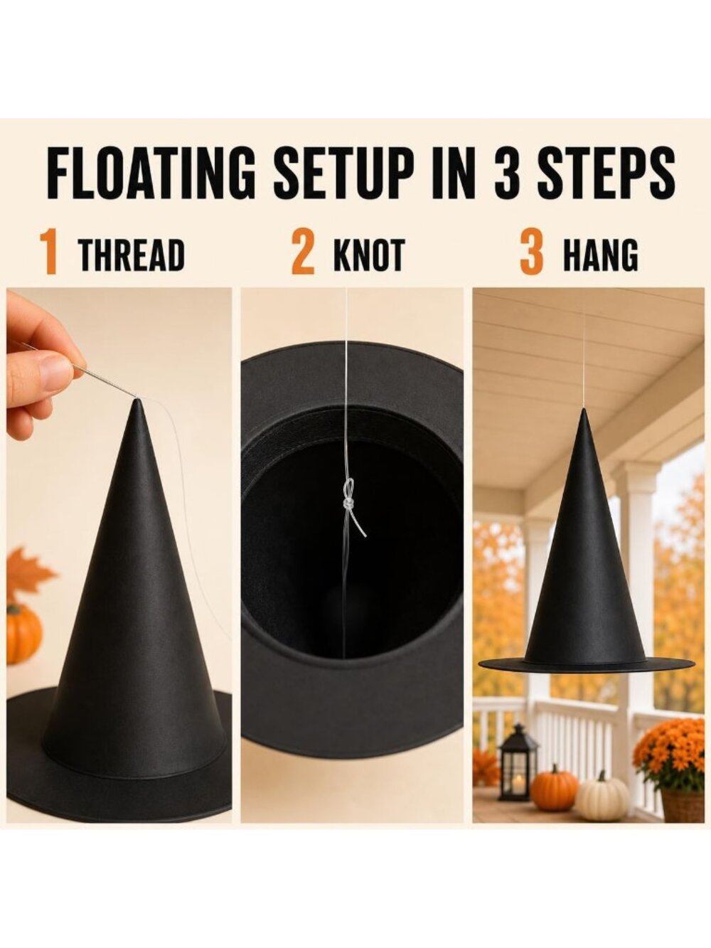 Halloween Witch Hats Decorations 10 PCS Hanging Floating Black Wizard Party Hat - Picture 3 of 6